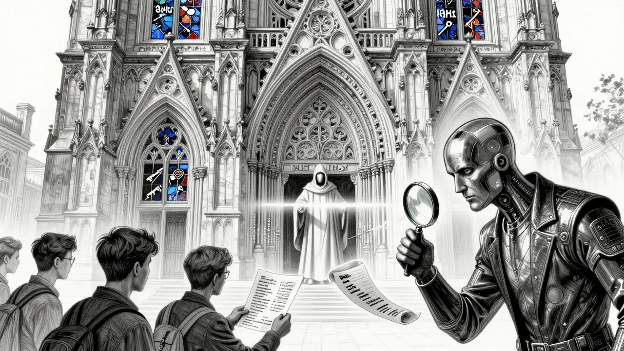 Microservice cathedral guarded by a gatekeeper blocking unauthenticated access, depicted in detailed metalpoint illustration.