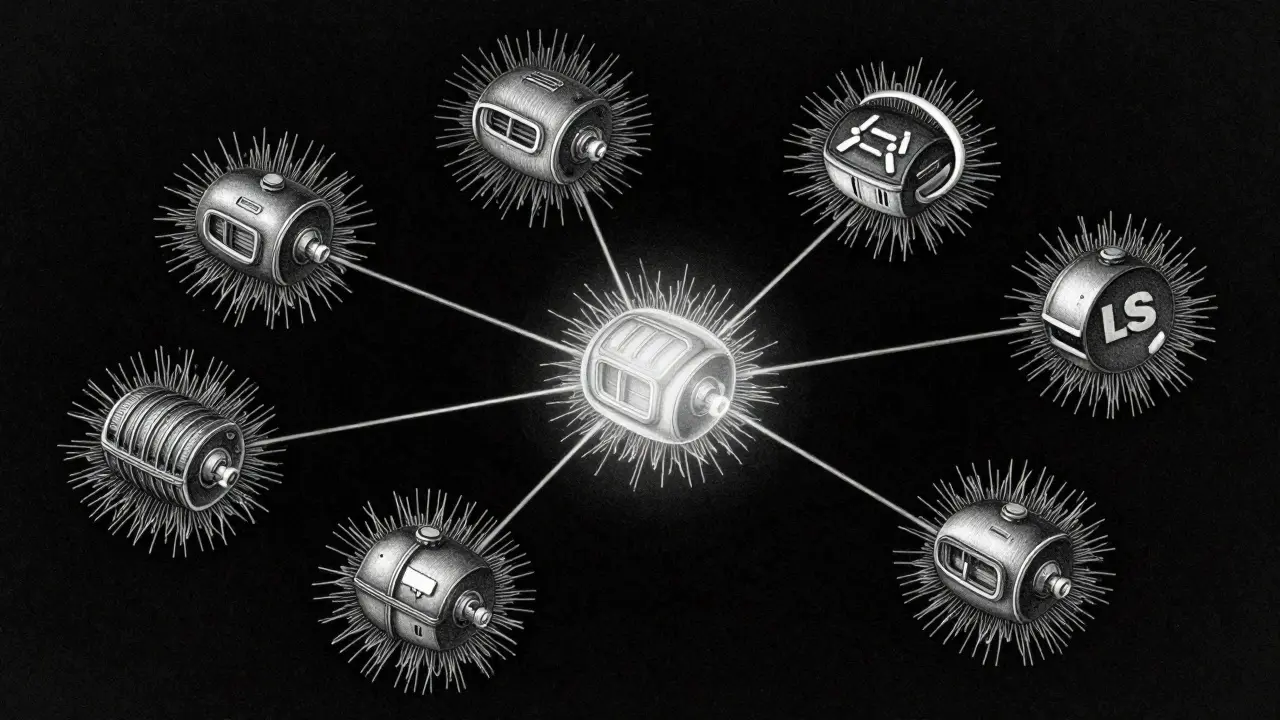 Microservice pods surrounded by silver sidecar filaments, showing encrypted internal communication in metalpoint style.