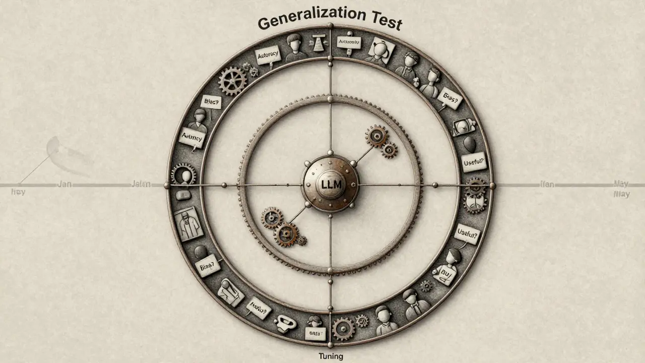 Nested validation loops with hyperparameter gears and human evaluators, rendered in metalpoint.