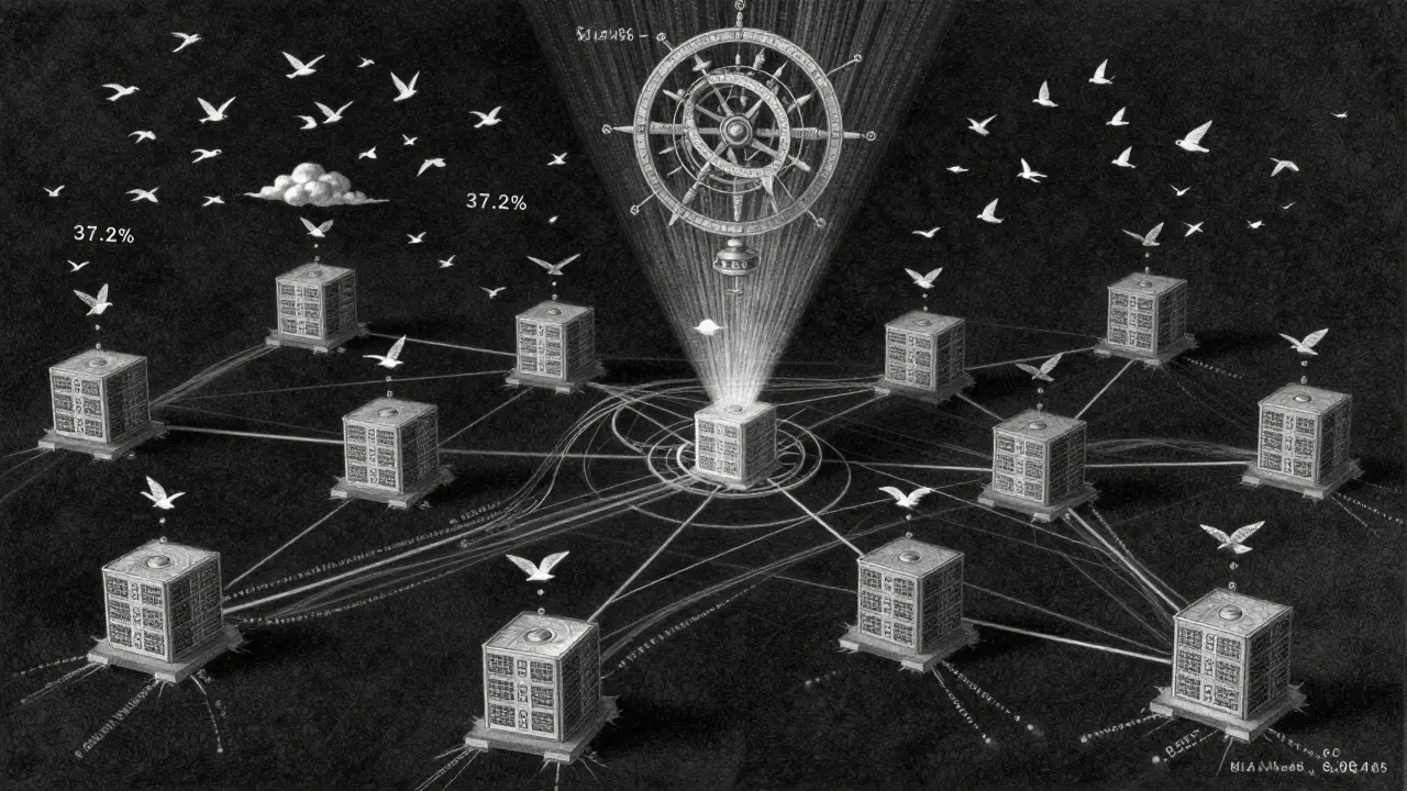 Network of GPUs with token requests as birds migrating to edge and cloud servers, guided by an astrolabe-like scheduling algorithm.