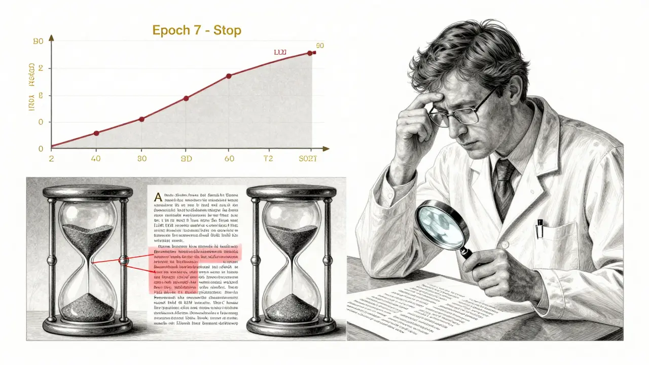 Scientist stopping an hourglass shaped like LLMs, with validation curve and human evaluation.