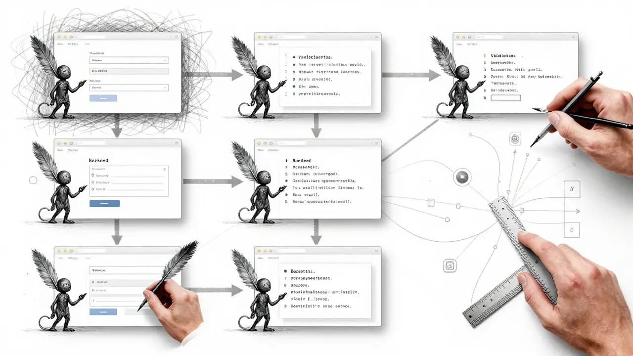 Six sequential panels showing AI sketching UI components under human correction, symbolizing chained prompting.
