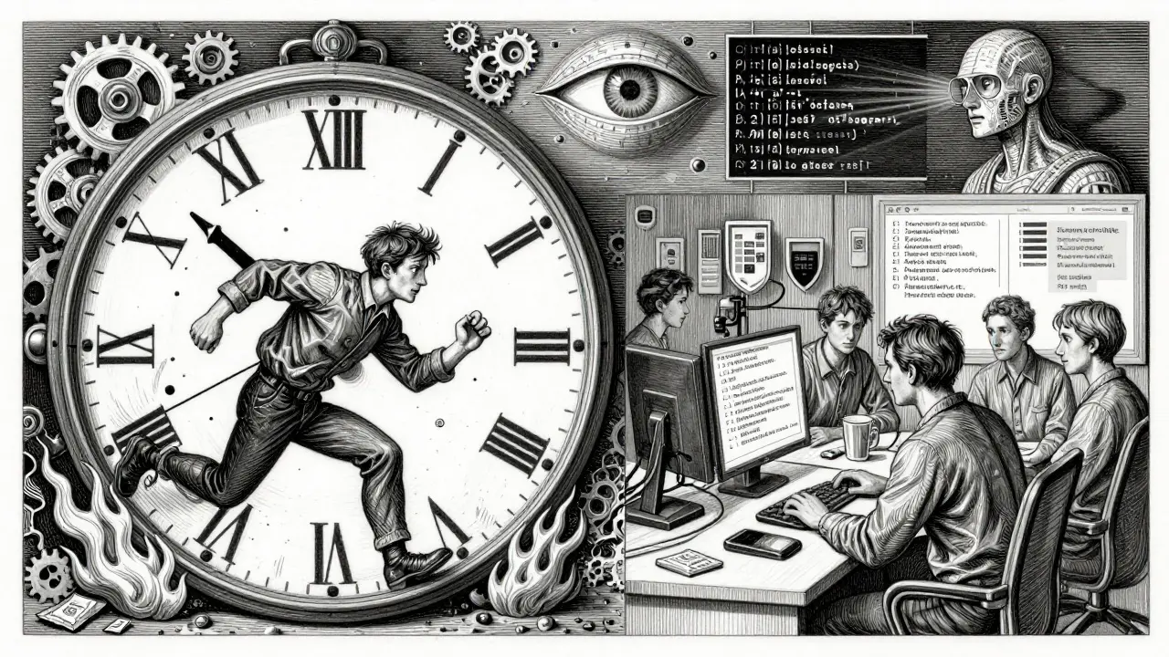 Split clock showing chaotic vs. secure AI coding workflows, illustrated with precise metallic strokes and symbolic imagery.