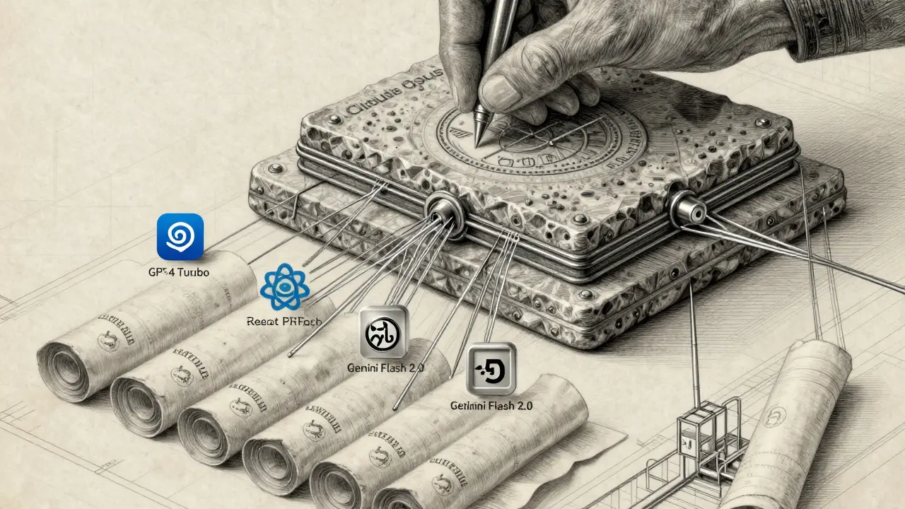 Three AI models working in layered workflow: Claude, GPT-4, and Gemini Flash in metalpoint.