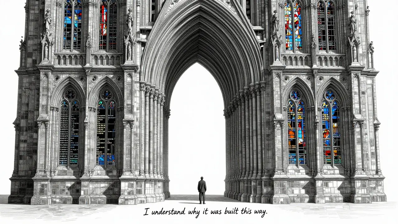 A cathedral-like software architecture built from code modules, symbolizing deep understanding of system design.