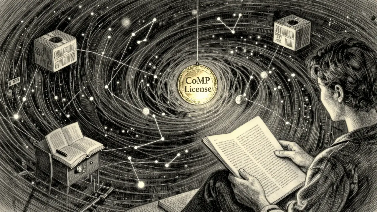 A chain of content linking a small newsroom to AI models, centered by a licensing coin in metalpoint art.