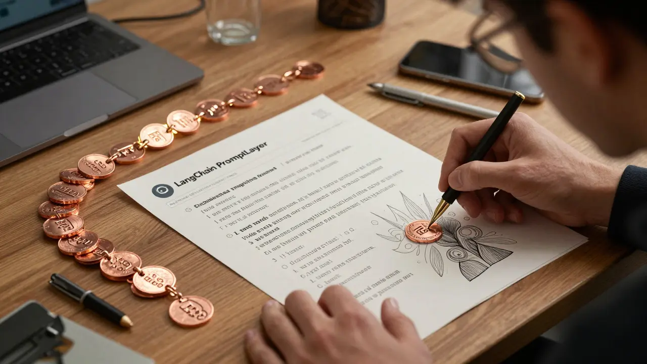 A developer engraving a precise prompt template like a metalwork design, with shrinking token counts visible.