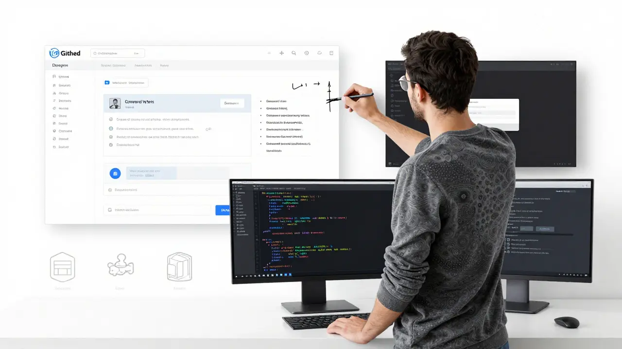 A developer managing code, design, and deployment at one workstation with subtle engraved tool icons.