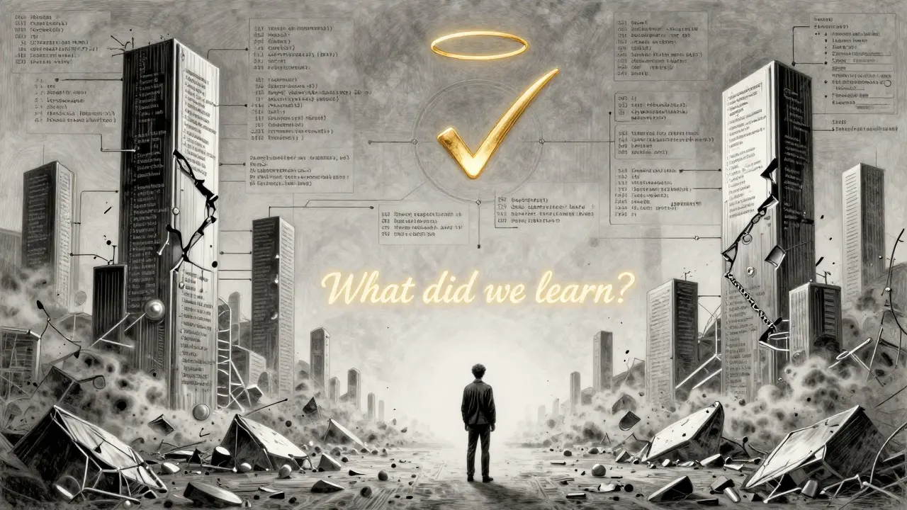 A developer stands amid crumbling code towers, replaced by organized documentation nodes, under a golden checkmark halo.