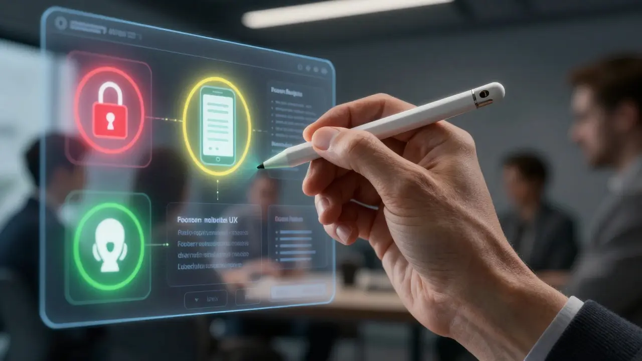 A hand edits an AI-generated interface, with three floating suggestions marked by colored halos indicating quality and risk.
