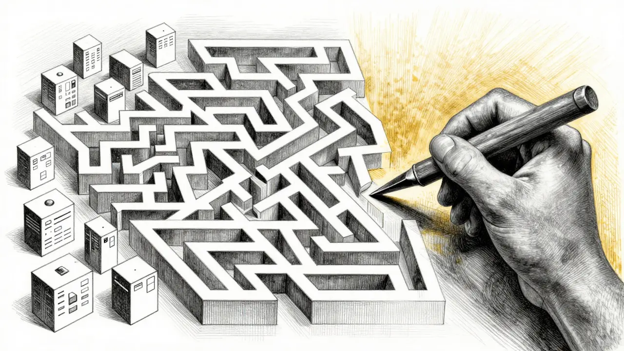A maze of identical code structures contrasts with a human hand carving a unique path, symbolizing creativity vs. replication.