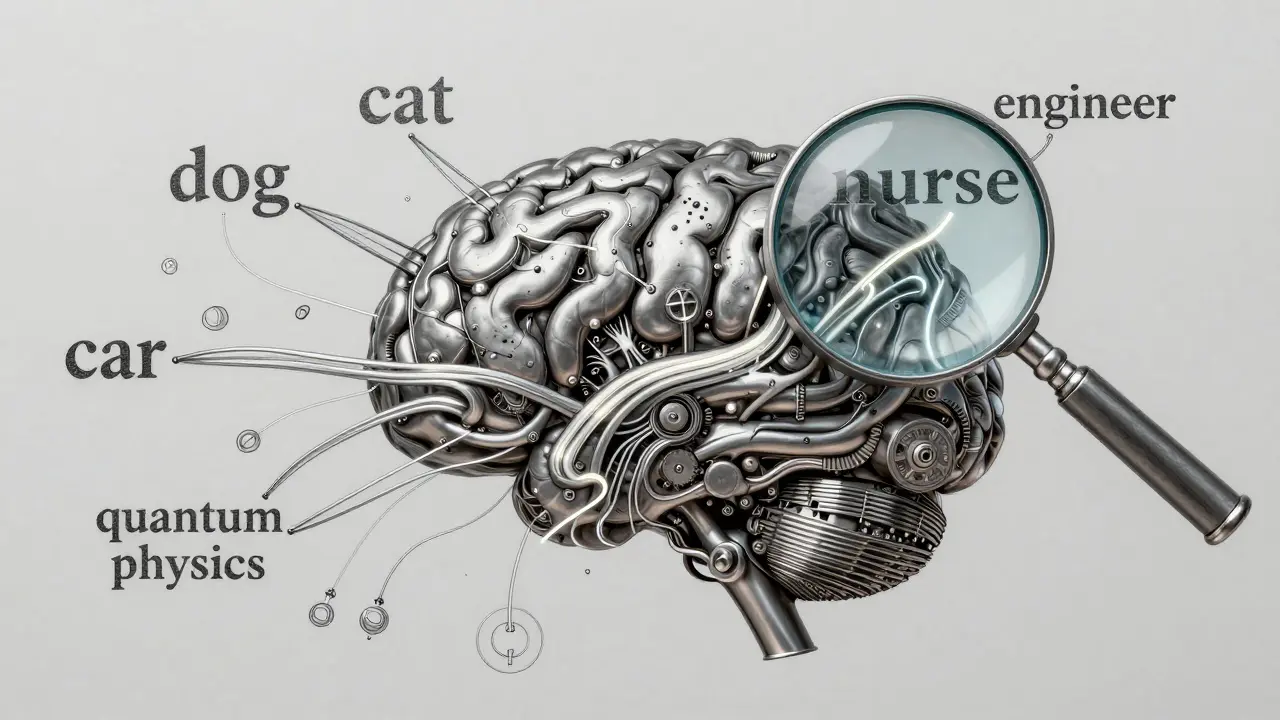 A mechanical brain with silver vector streams connecting words, revealing bias in word relationships, drawn in metalpoint technique.