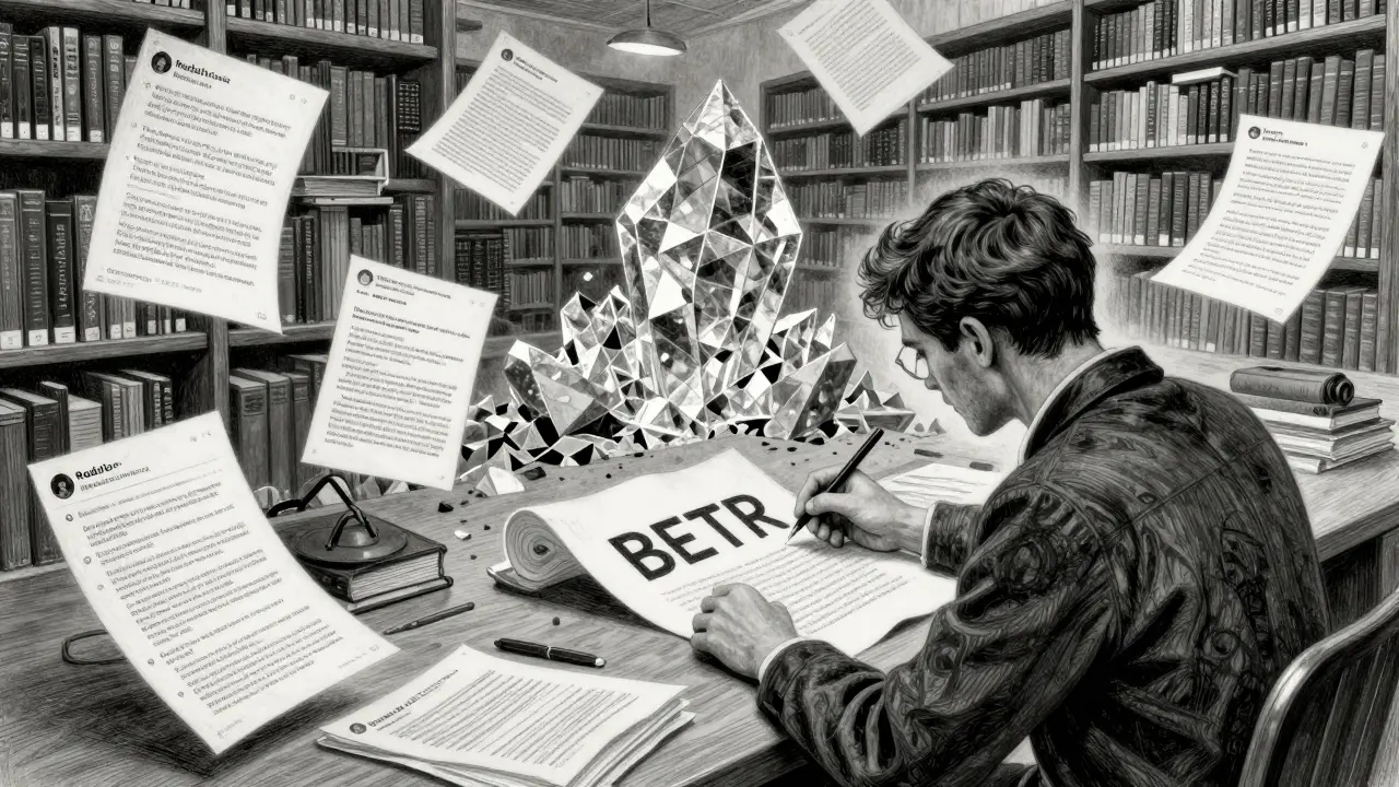 A scholar examining high-quality data fragments amid ethical dilemmas, symbolizing targeted LLM training.