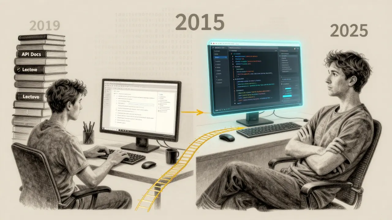 A split scene contrasts traditional coding isolation with modern AI-assisted development, connected by golden lines of progress.