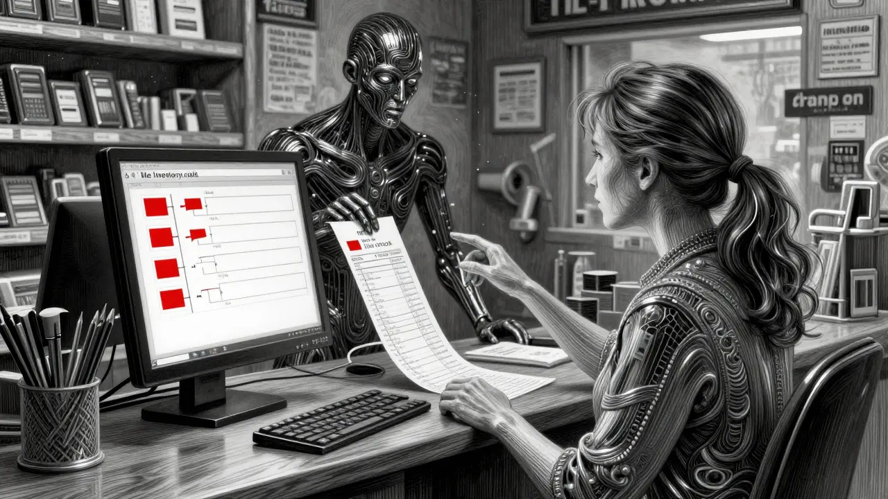 A store owner watches an inventory alert on a monitor, with a metallic AI figure guiding her from behind.