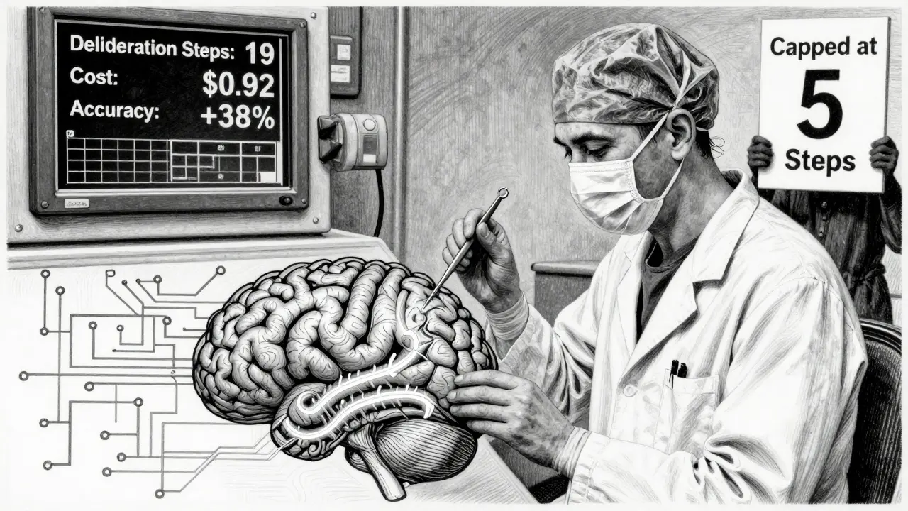 A surgeon operating on a brain-map with real-time cost and accuracy metrics, contrasted with a 'capped at 5 steps' sign.