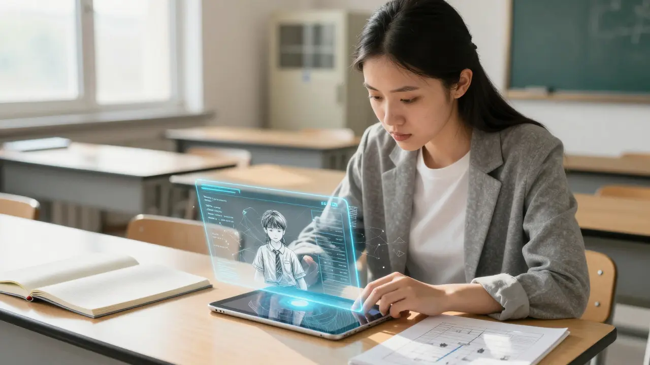 A teacher observes a floating attendance predictor interface in a classroom filled with sunlight and notebooks.