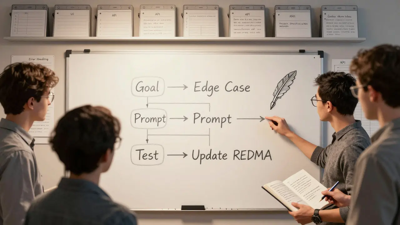A team sketches a workflow on a whiteboard, with labeled prompt templates and a quill-shaped AI icon in a metalpoint illustration.