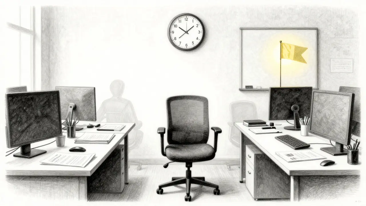 An empty chair between two desks with redistributed tools, symbolizing lean team efficiency and faster delivery.