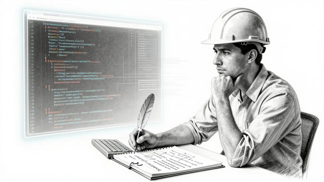 An engineer writing design notes while ghostly AI code flows behind, with a clean, structured core system in focus.