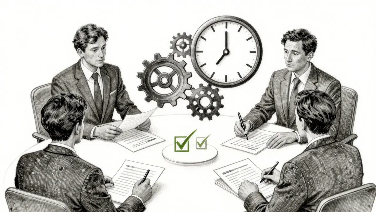 Committee reviewing AI use cases with efficient workflow and approval symbols.