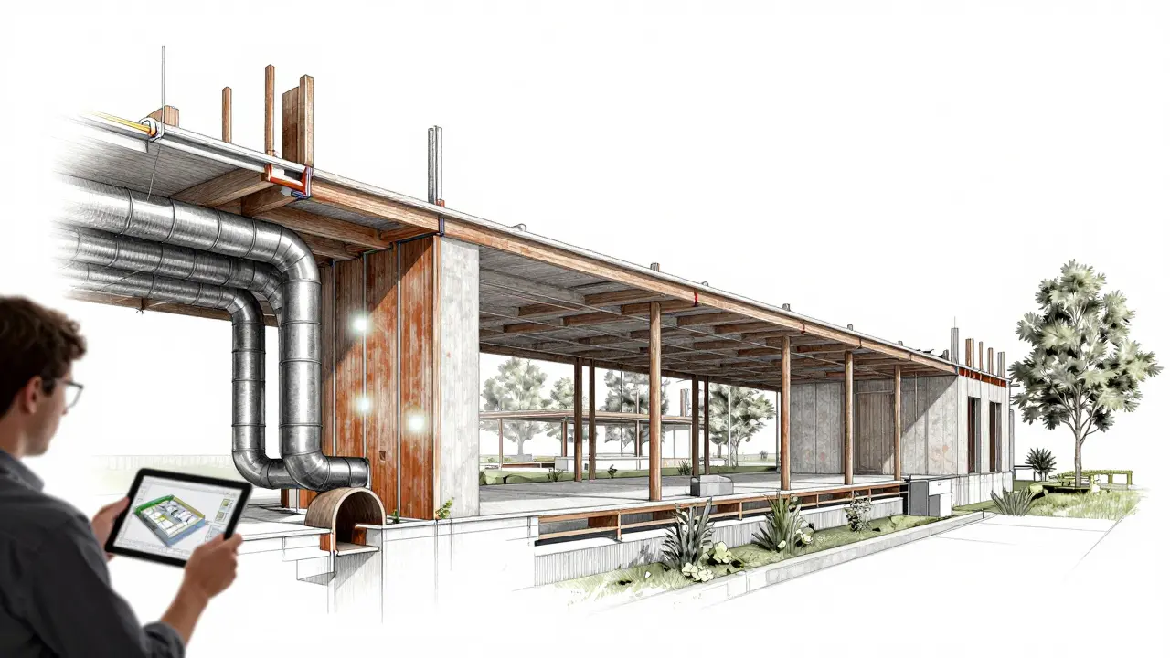 Cross-section of a building with AI-predicted structural stress points and thermal zones, rendered in fine metalpoint detail.