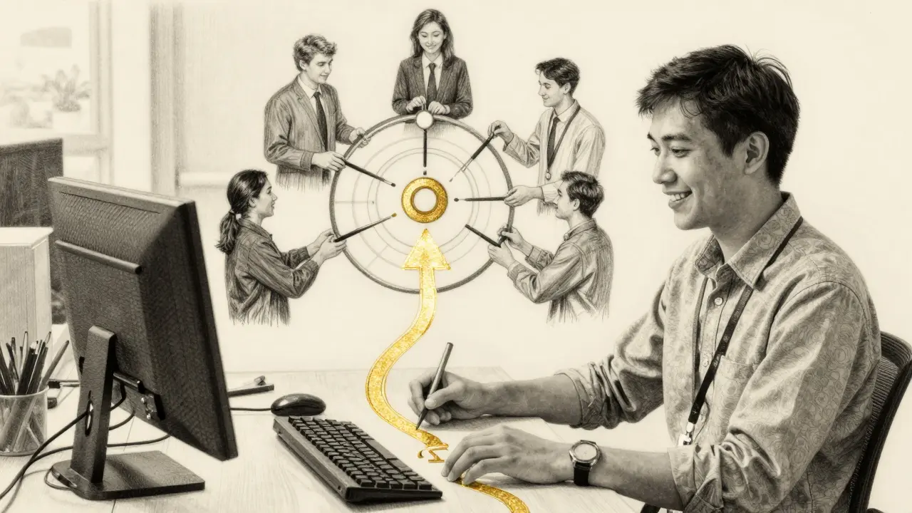 Developer deploying a pre-built template with golden CI/CD path, rotating liaisons offering tools in quiet support.