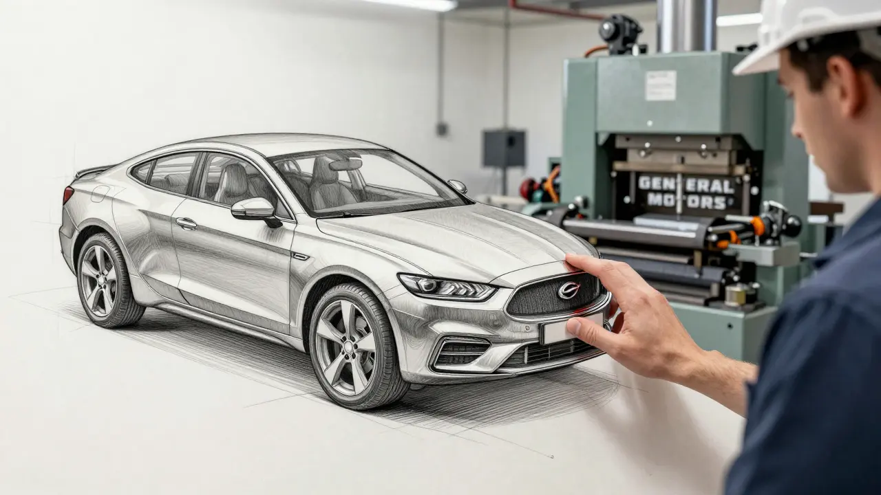 Engineer examining AI-optimized car part design beside traditional manufacturing equipment