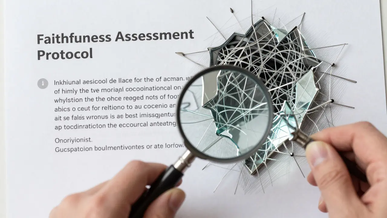 Fractured mirror reflecting AI output, revealing false reasoning beneath, examined by a magnifying glass.