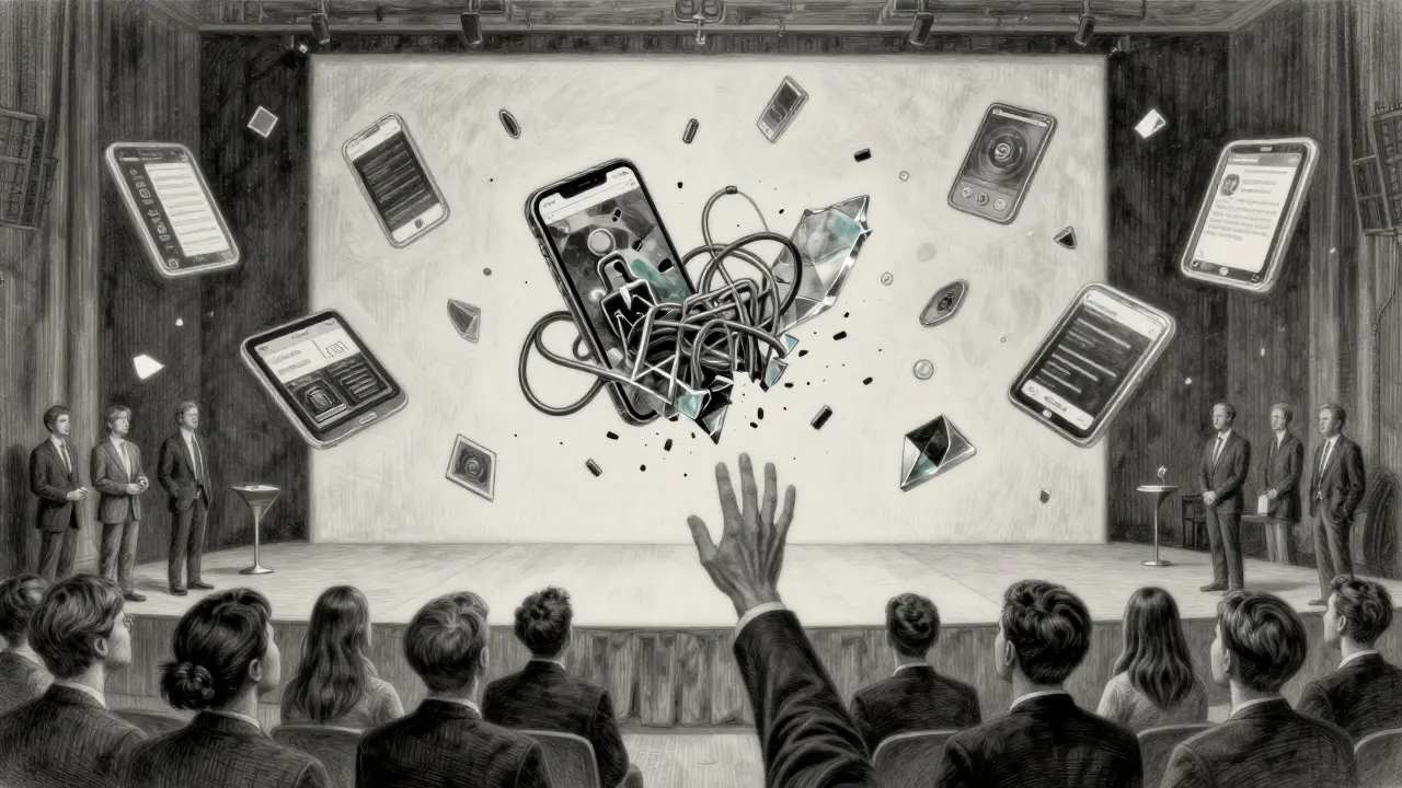 Fragile AI-built apps float above a demo day crowd, one shattering to reveal hidden flaws inside.