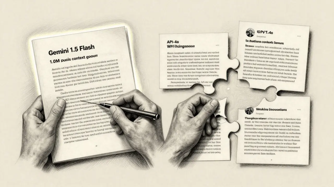 Gemini 1.5 Flash processing a full document in one go versus three fragmented API calls with another model.