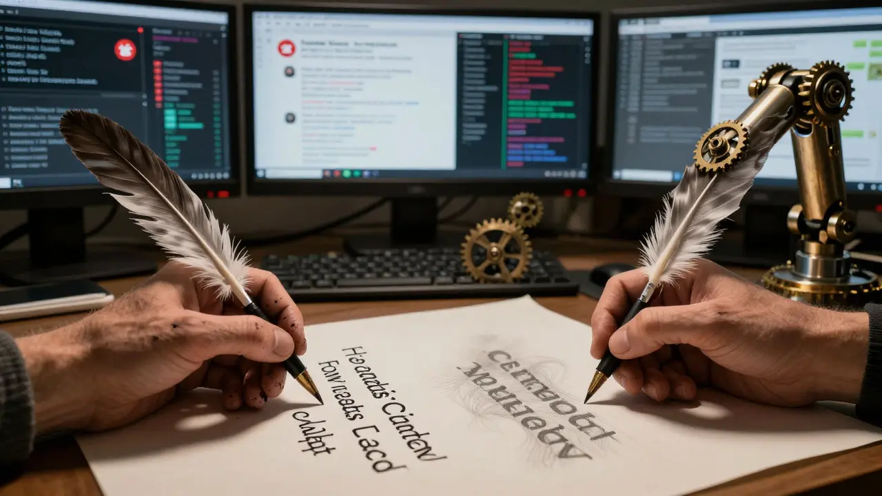 Human and mechanical hands drafting headlines side by side, with data streams forming a backdrop.