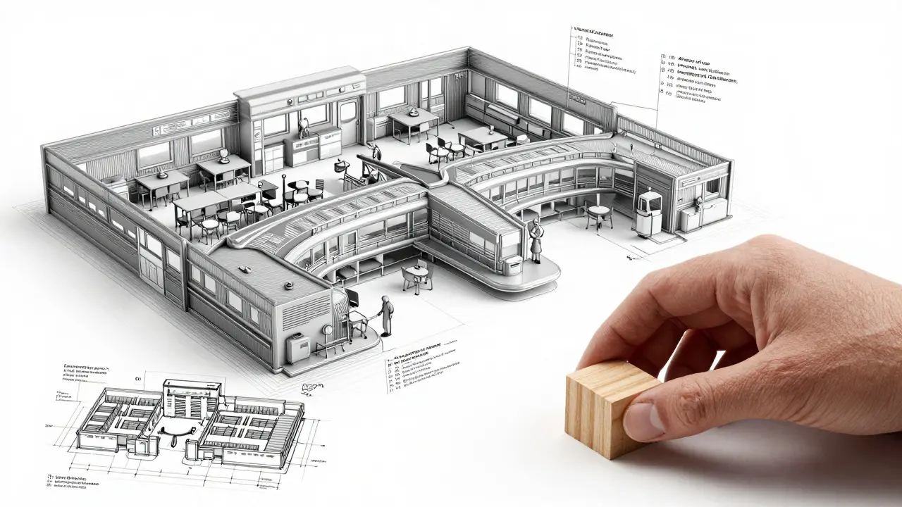 Human hand placing a block beside a holographic hospital layout optimized by AI with parametric rules for light and noise.