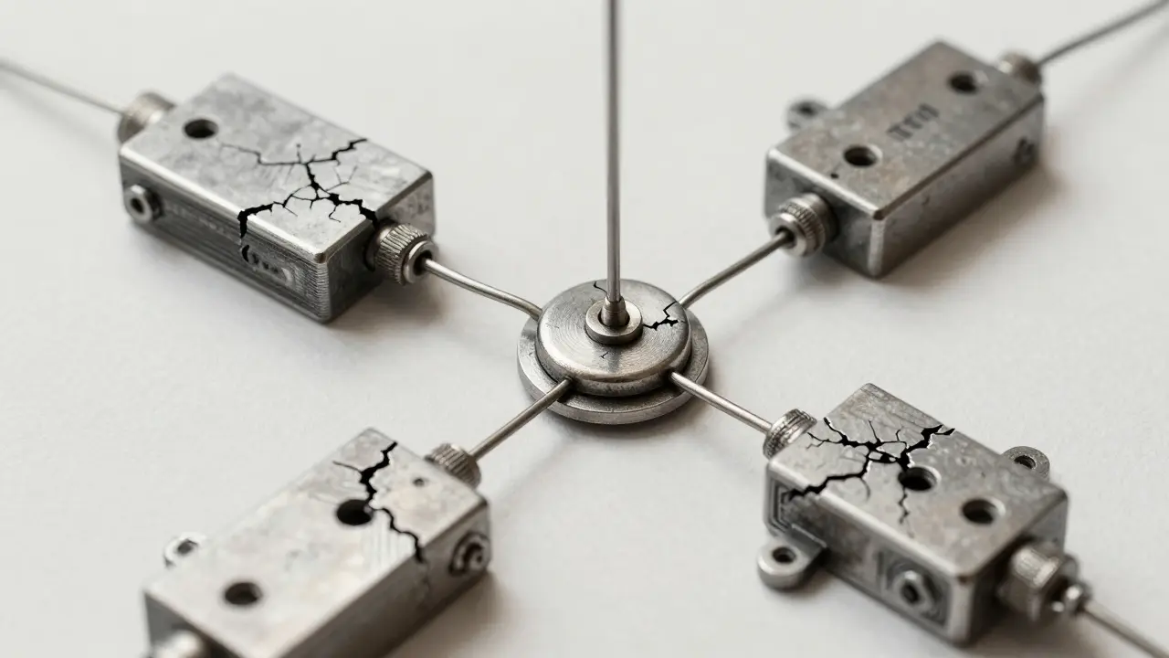 Multiple machines linked by wire, each showing cracks and malfunctions.