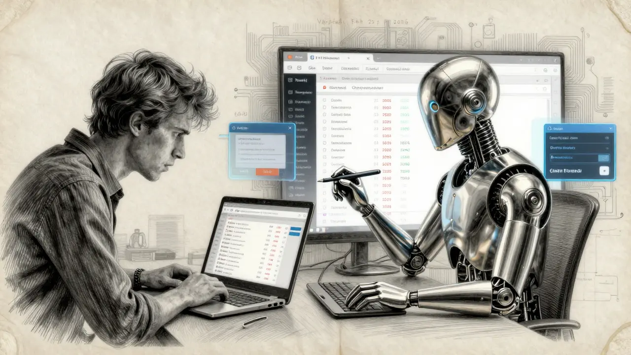 Split scene: a person sees outdated prices while an AI agent extracts live data from a website with precision tools and glowing annotations.