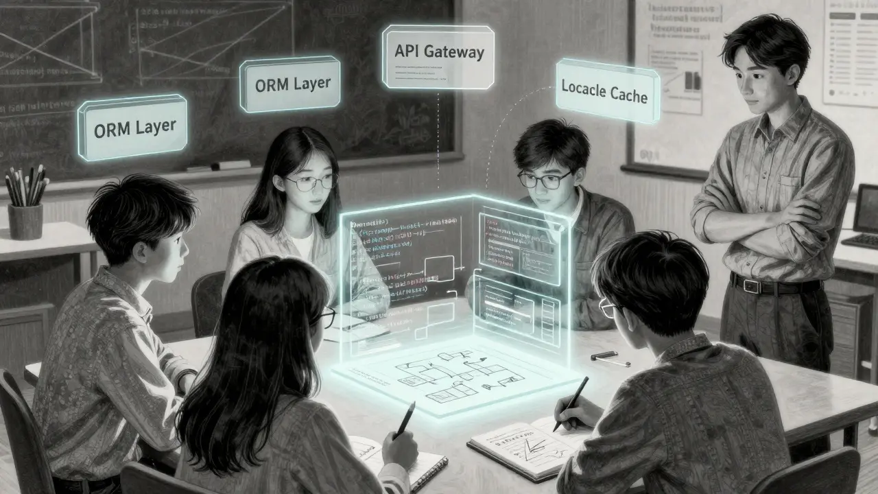 Students analyzing labeled code components in a sandbox environment, guided by an observing instructor.