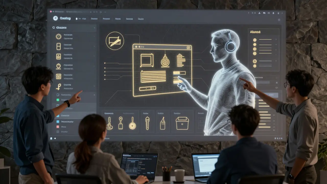 Team collaborating around a dashboard with AI assistant and glowing templates, no one enforcing — just helping.