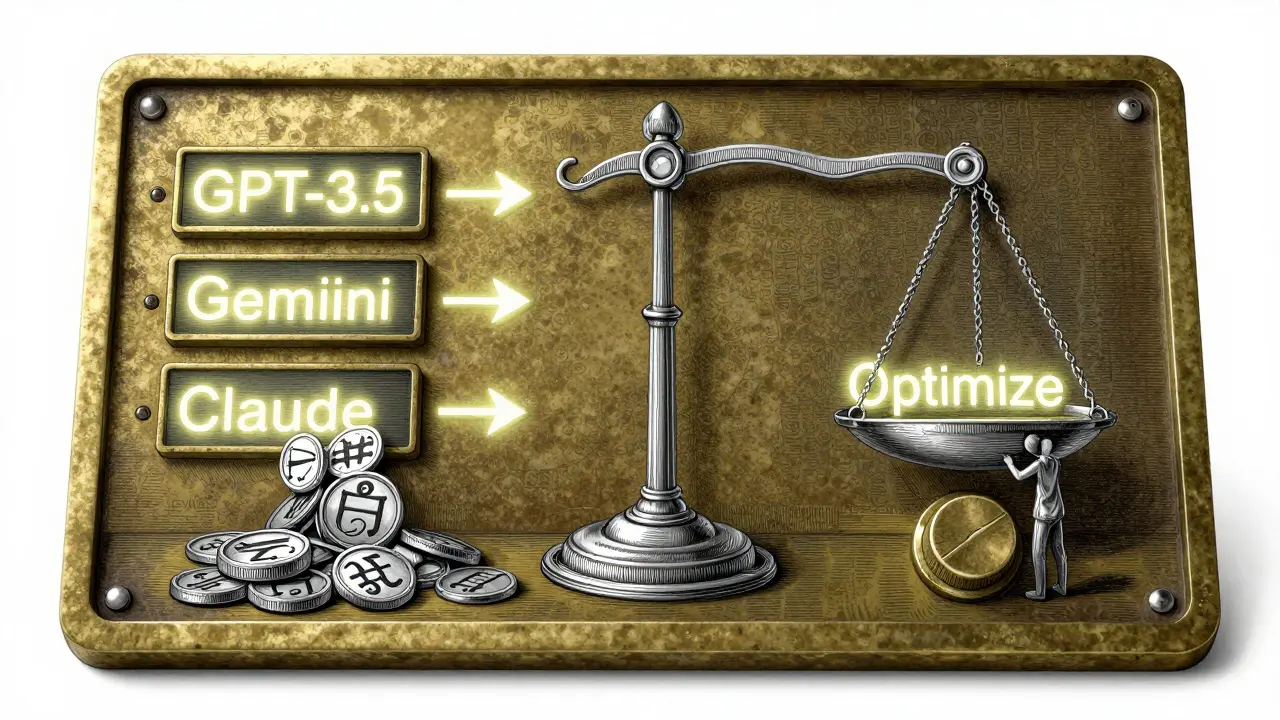 Three AI token counters on a brass panel balance excess versus optimized text flows under a human hand's adjustment.