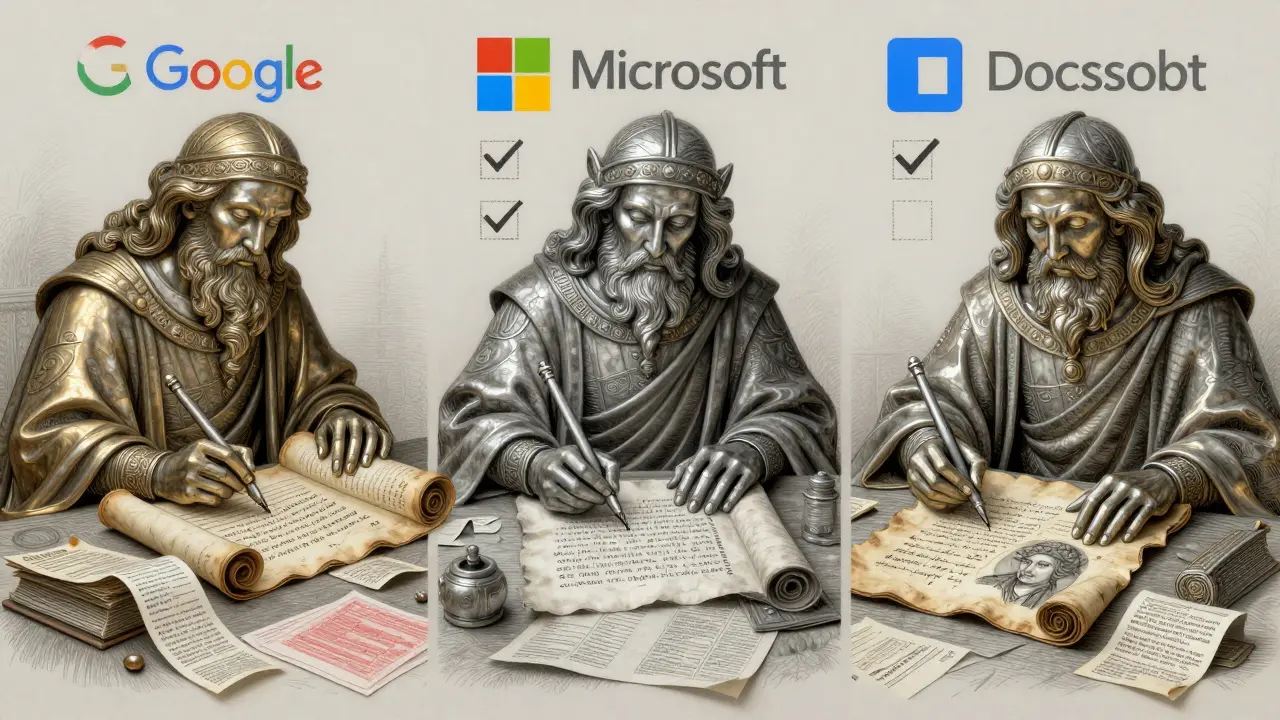 Three scribes in metalpoint style extract data from chaotic documents, each using a different method to produce structured outputs.