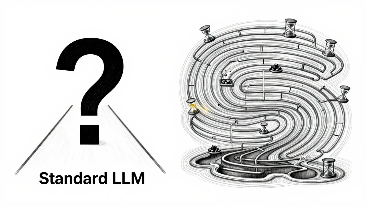 Two paths diverging from a question mark—one simple, the other a costly labyrinth of reasoning steps and computational symbols.