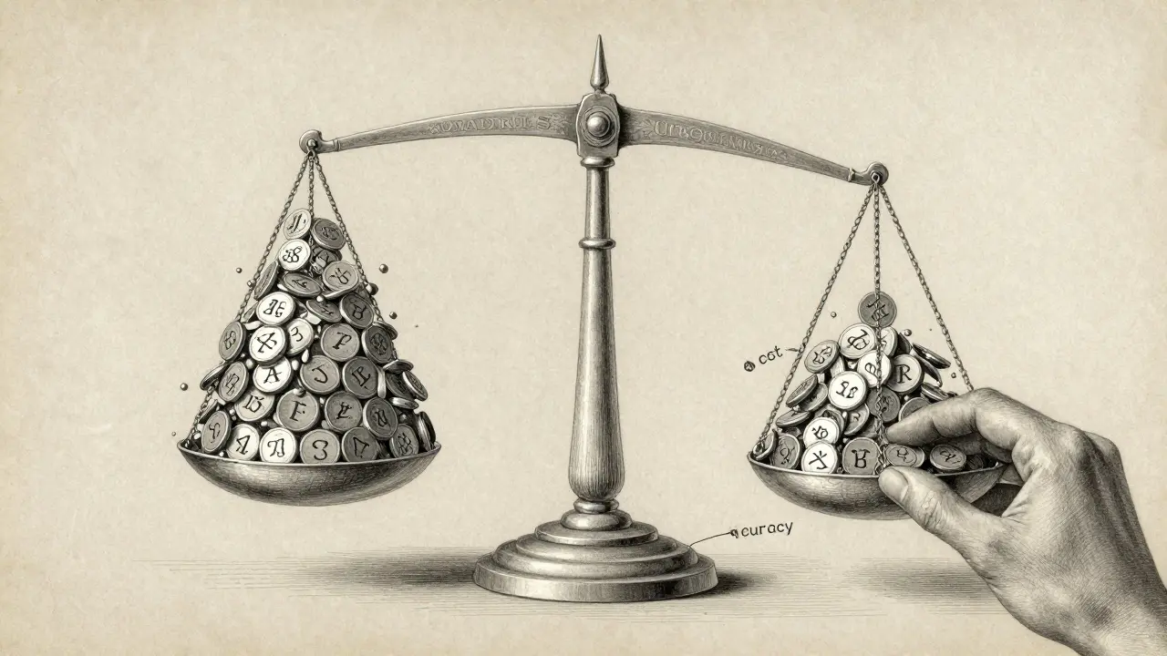 A balance scale comparing large and small token vocabularies, rendered in fine silver lines.