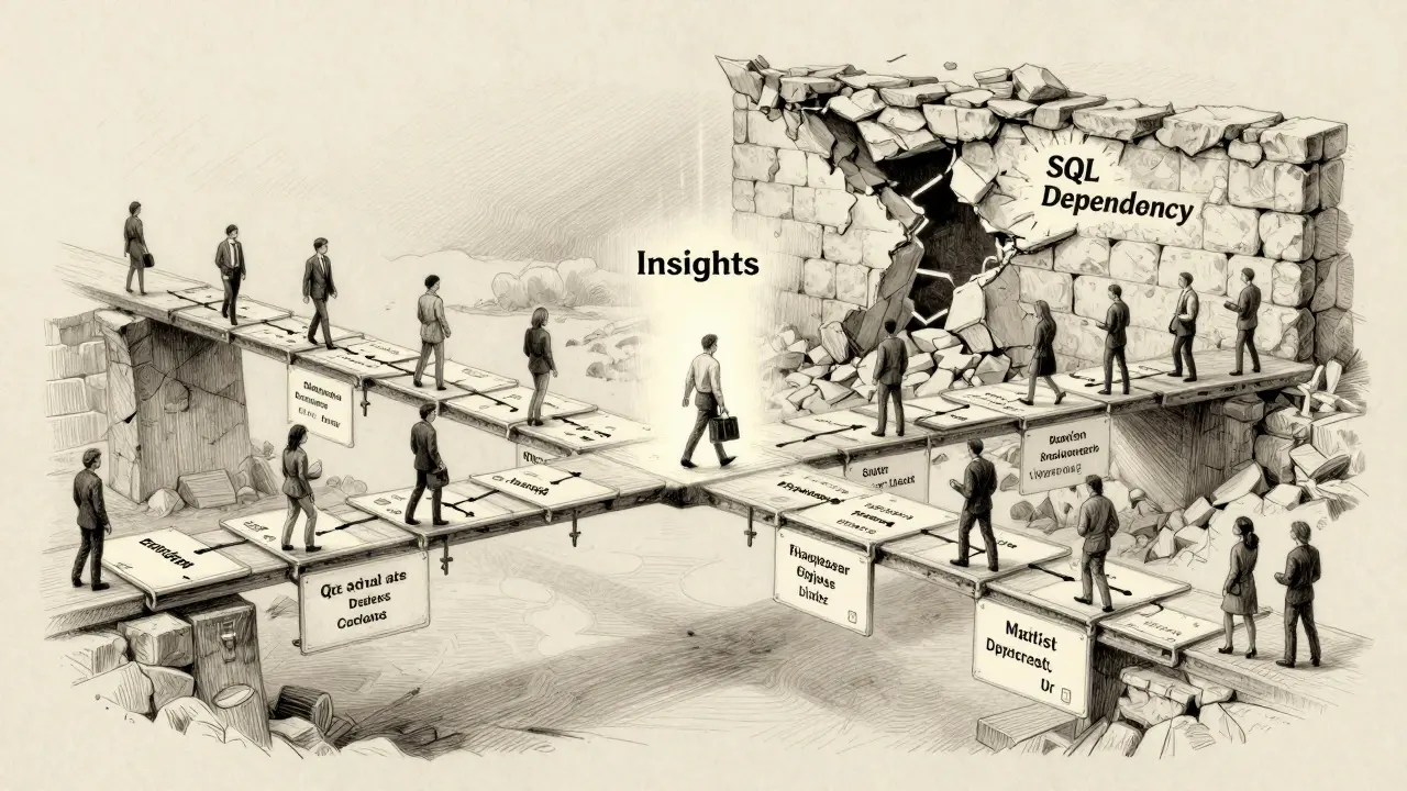 A bridge of database tables connects people to insights, while SQL dependency crumbles behind, in metalpoint.