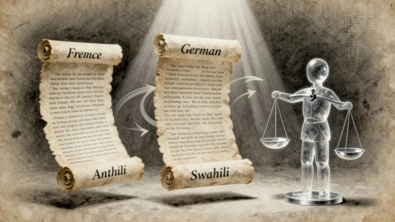 A courtroom of floating parchment scrolls in different languages being weighed by a transparent AI figure, symbolizing dialectic reasoning.