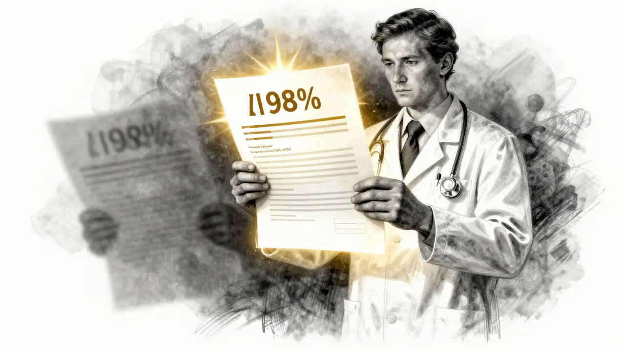 A doctor holding an AI-generated medical diagnosis, with overconfident gold text overshadowing a hidden correct diagnosis in silver.