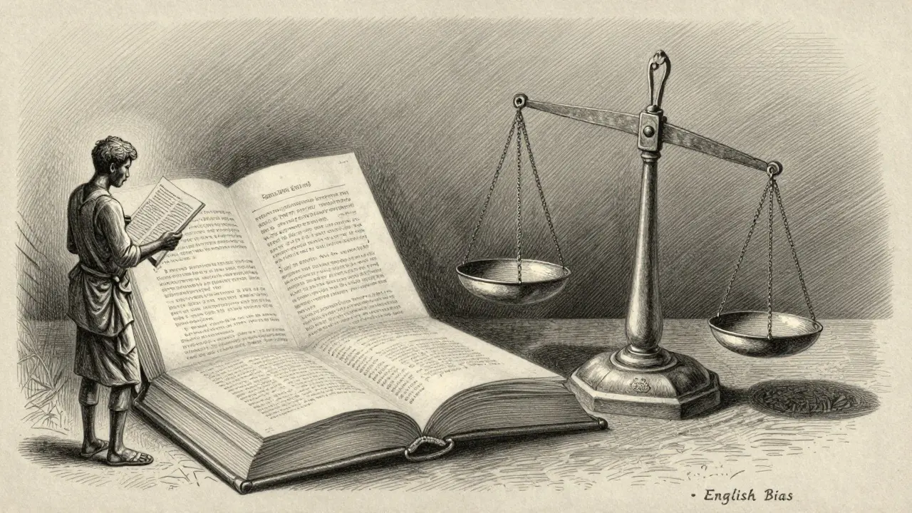 A farmer in Bangladesh reading a Bengali answer sourced from foreign texts, with a tilted scale representing English bias in multilingual RAG.