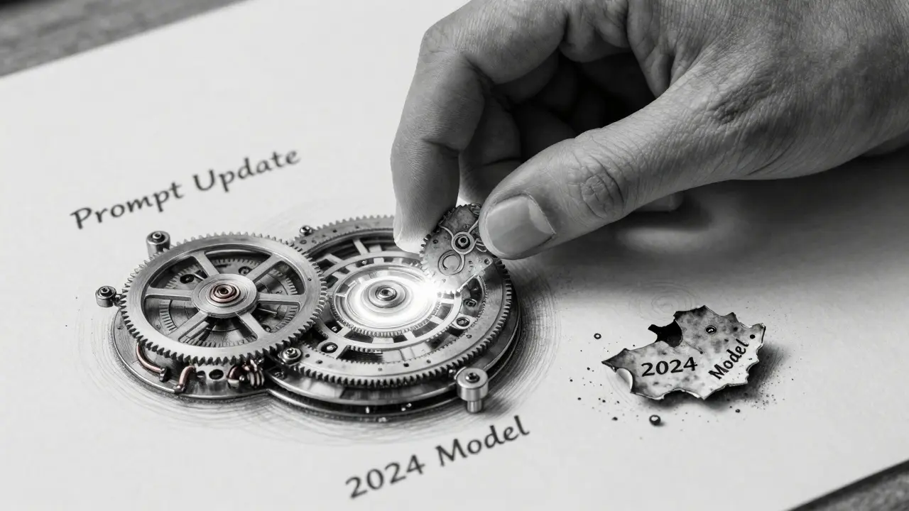 A hand placing new data into a clockwork prompt update mechanism as an old model crumbles, rendered in fine metalpoint detail on parchment.