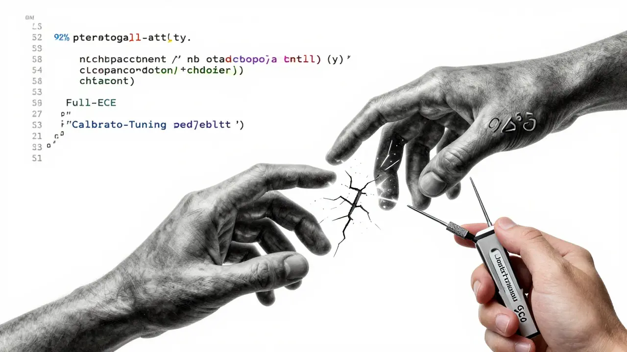 A human and AI hand reaching for code, the AI's confident grip on flawed code versus the human's cautious use of calibration tools.