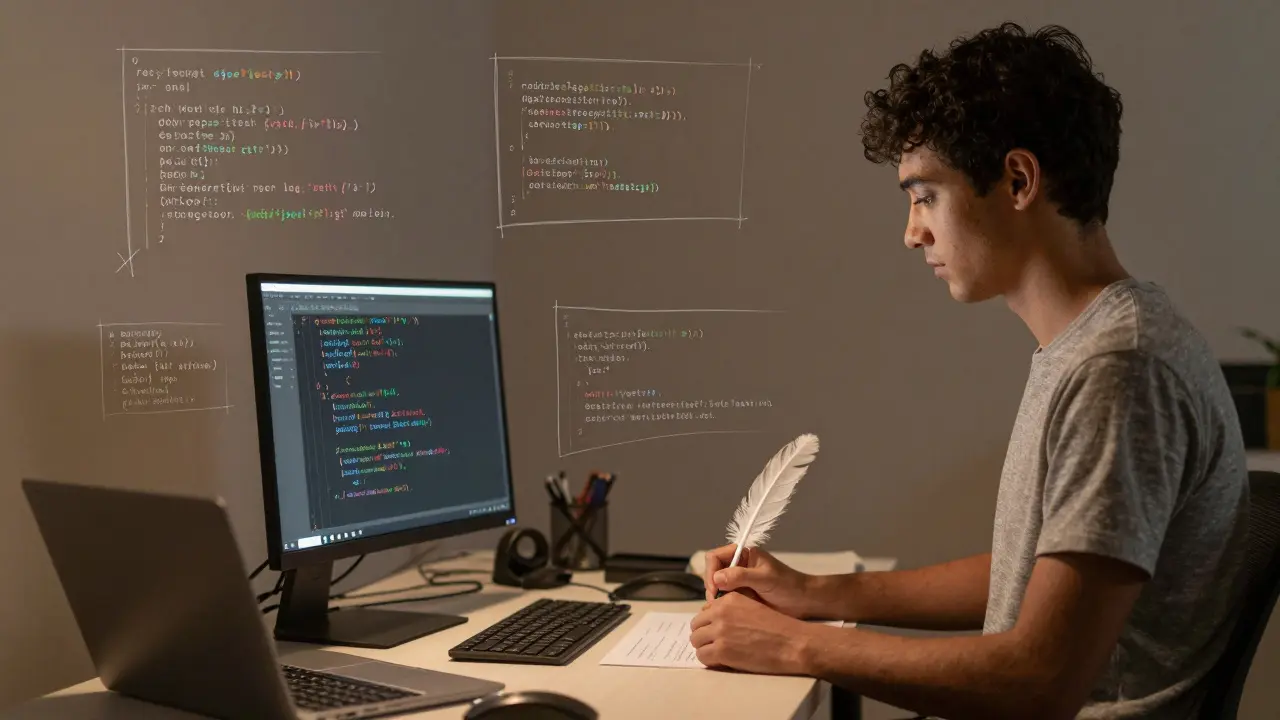 A junior developer learning to write code with annotated sketches and simple floating functions under warm lamplight.