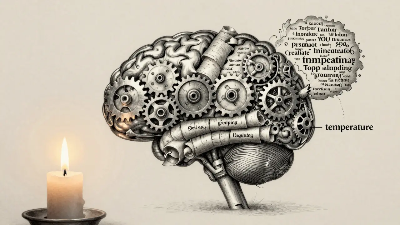 A mechanical brain made of scrolls and gears, balancing rigid logic with probabilistic word clouds under candlelight.