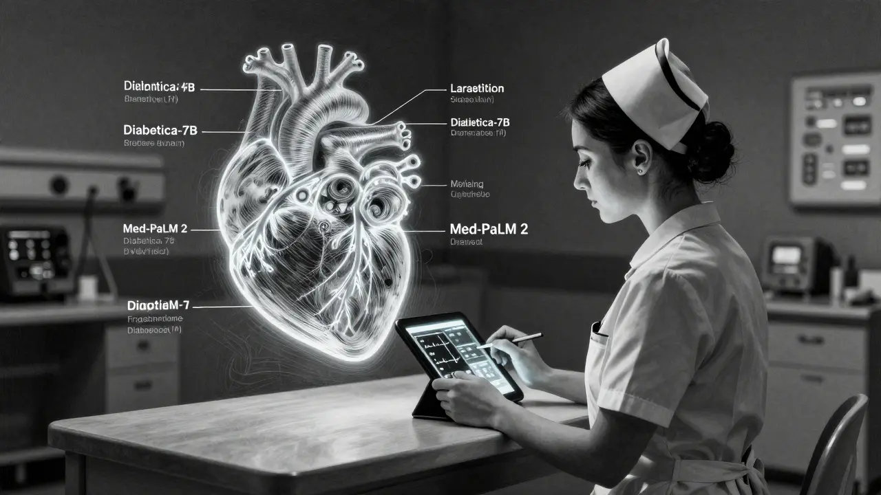 A nurse using an AI diagnostic tool in a hospital, with detailed medical diagrams rendered in silver metalpoint.